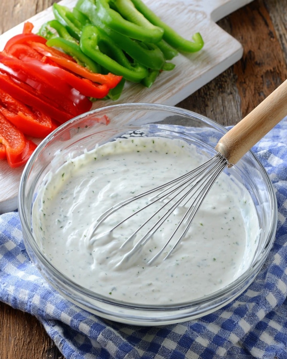 A clear glass bowl filled with a smooth, creamy white sauce speckled with green herbs, with a shiny metal whisk resting inside the sauce. Behind the bowl, there are sliced red and green bell peppers arranged in two rows on a white wooden board. The bowl is placed on a white and blue checkered cloth covering a wooden surface. photo taken with an iphone --ar 4:5 --v 7