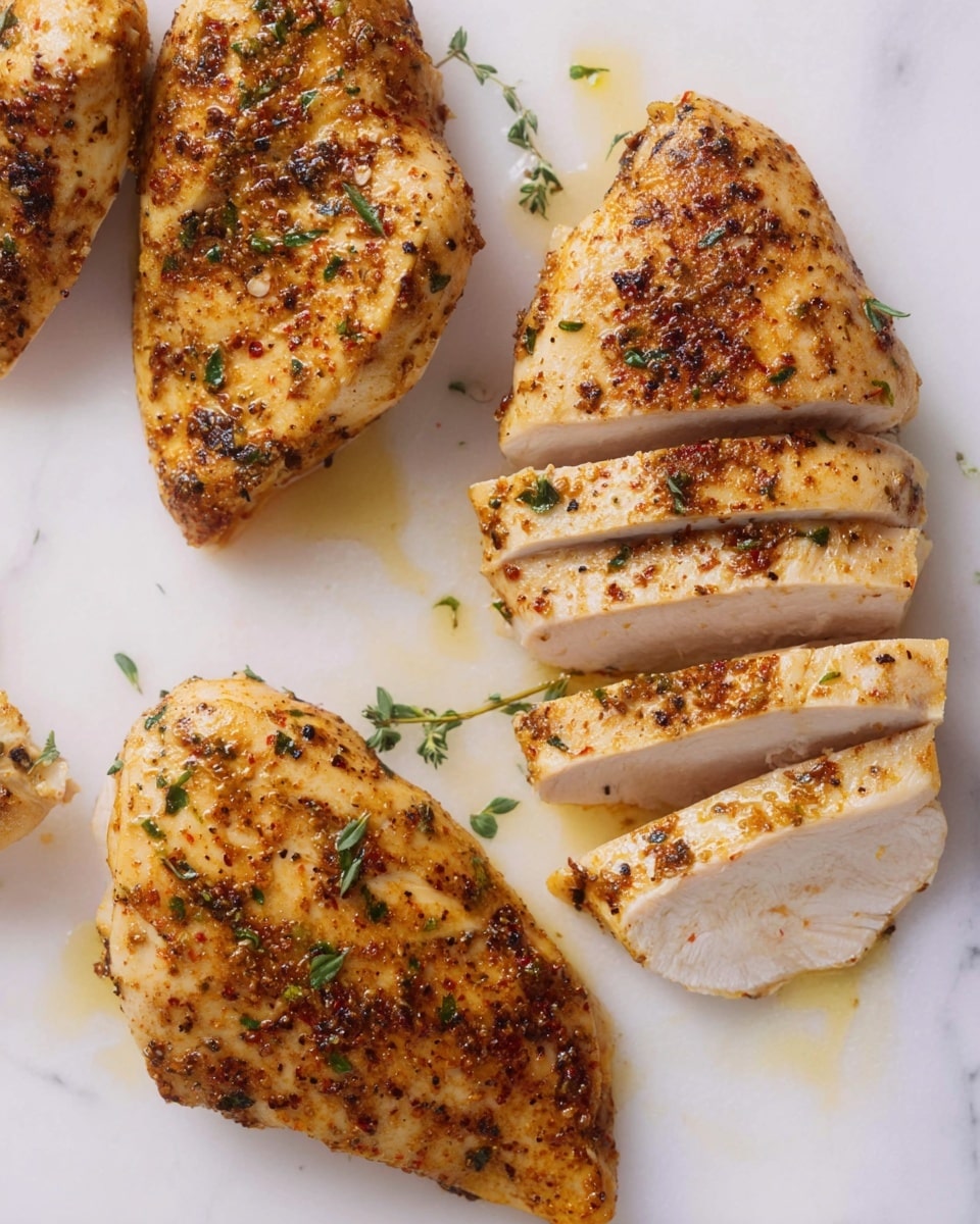 The image shows several pieces of cooked chicken on a white marbled surface. There are four pieces in total, with three whole pieces having a golden-brown color with visible spices and herbs sprinkled on top, giving a slightly rough texture. In the center, one piece is sliced into four thick slices, revealing the white, juicy inside. Around the chicken, a small amount of light oil or juice is visible, adding a slight shine to the scene. photo taken with an iphone --ar 4:5 --v 7