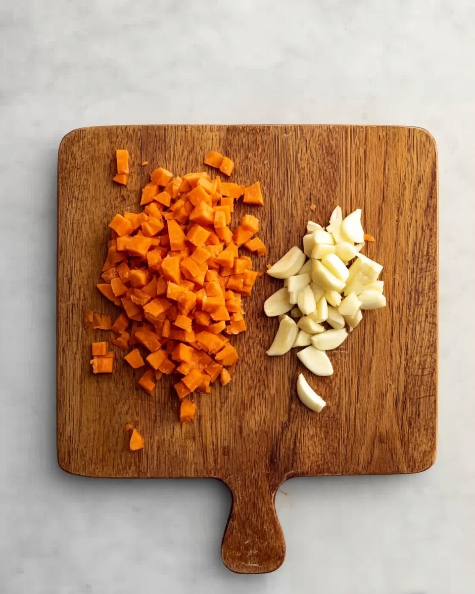 The image shows a wooden cutting board on a white marbled surface. On the left side of the board, there are chopped orange pieces that look like carrots, roughly chopped into small, uneven chunks. On the right side of the board, there are cloves of peeled garlic, whole and grouped together. The wood of the cutting board is medium brown with visible wood grain texture. Photo taken with an iphone --ar 4:5 --v 7