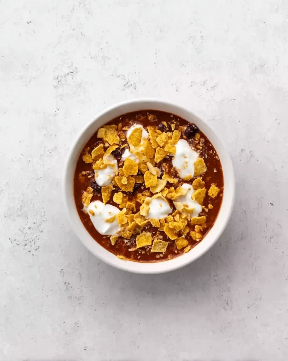 A white bowl sits on a white marbled surface filled with three main layers: the bottom layer is a thick reddish-brown sauce with a smooth texture, topped by scattered small chunks of yellow chips that look crunchy, and dollops of white cream spread unevenly across the top. The colors contrast well with the white bowl, and the chips add rough texture against the smooth sauce and cream. photo taken with an iphone --ar 4:5 --v 7