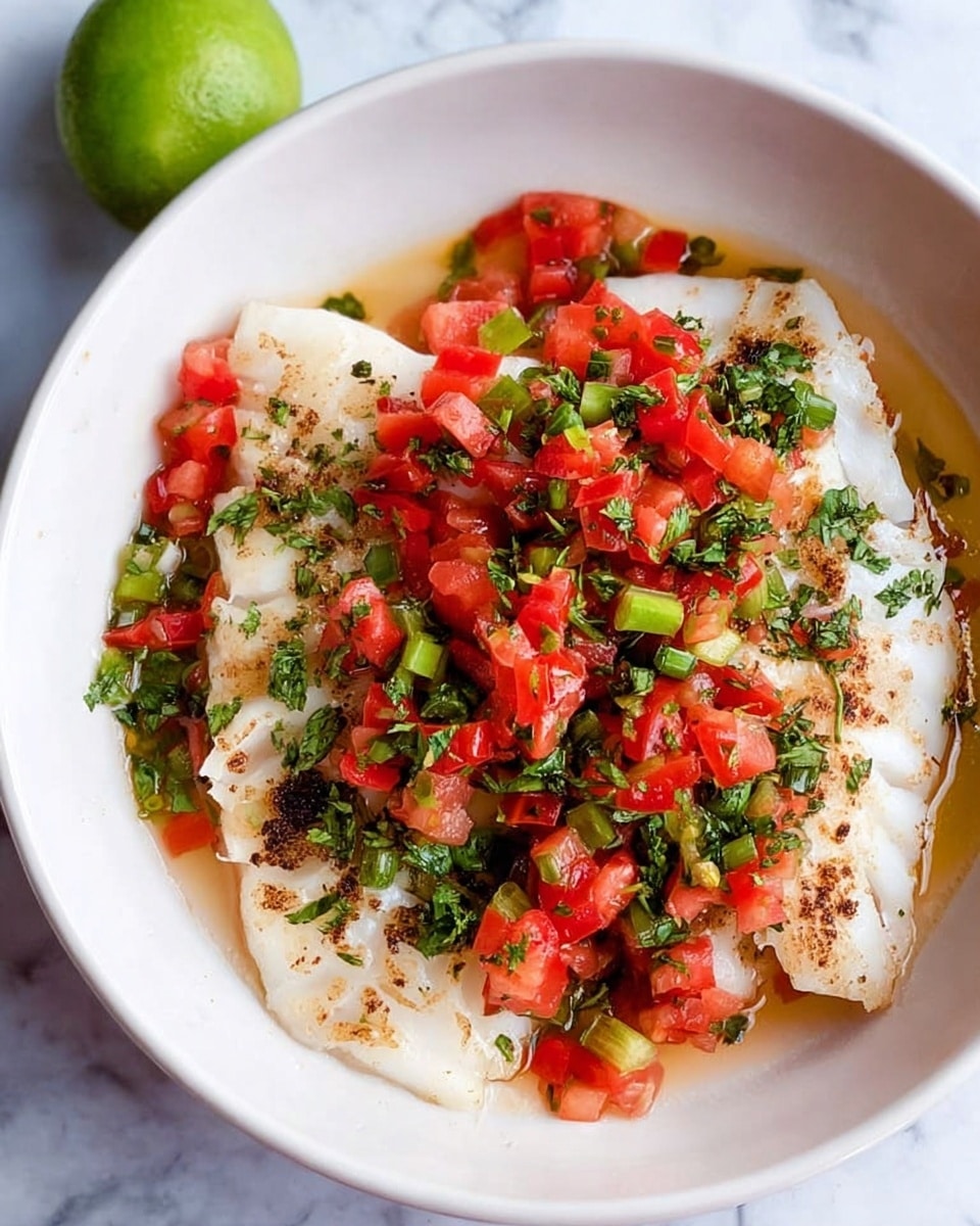 The dish shows two white fish fillets cooked and placed at the bottom in a white bowl. On top of the fish fillets, there is a layer of diced bright red tomato pieces mixed with chopped green herbs and small green chili pieces. The backdrop is a white marbled texture with a half lime visible in the top left corner. photo taken with an iphone --ar 4:5 --v 7