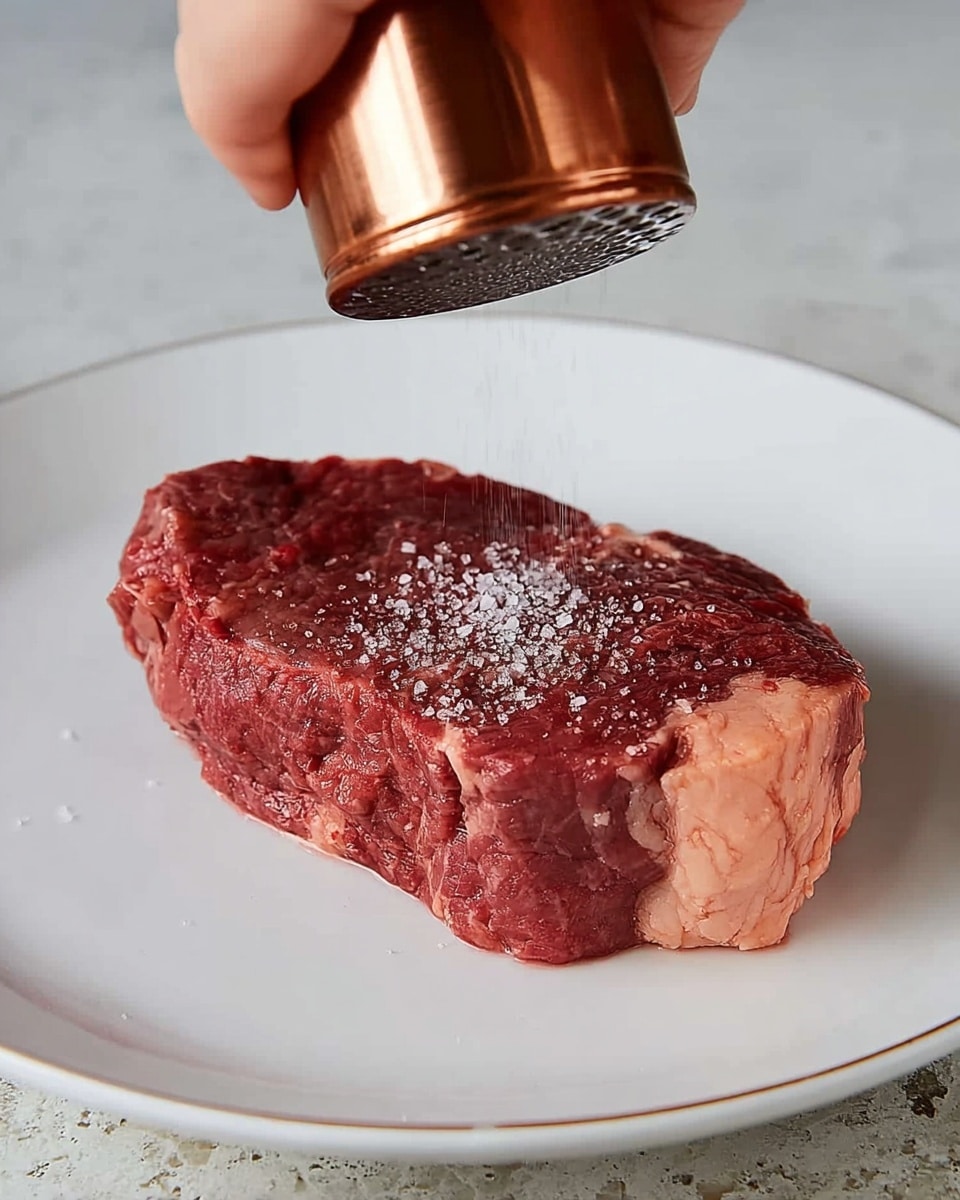 A raw steak with a deep red and slightly marbled texture lies flat on a simple white plate, centered in the image. The steak has one smooth light pink fat edge along the top side, with visible muscle fibers and a fresh, moist surface. A woman's hand holds a copper-colored grinder above, sprinkling salt evenly on the steak. The background is a white marbled texture. photo taken with an iphone --ar 4:5 --v 7