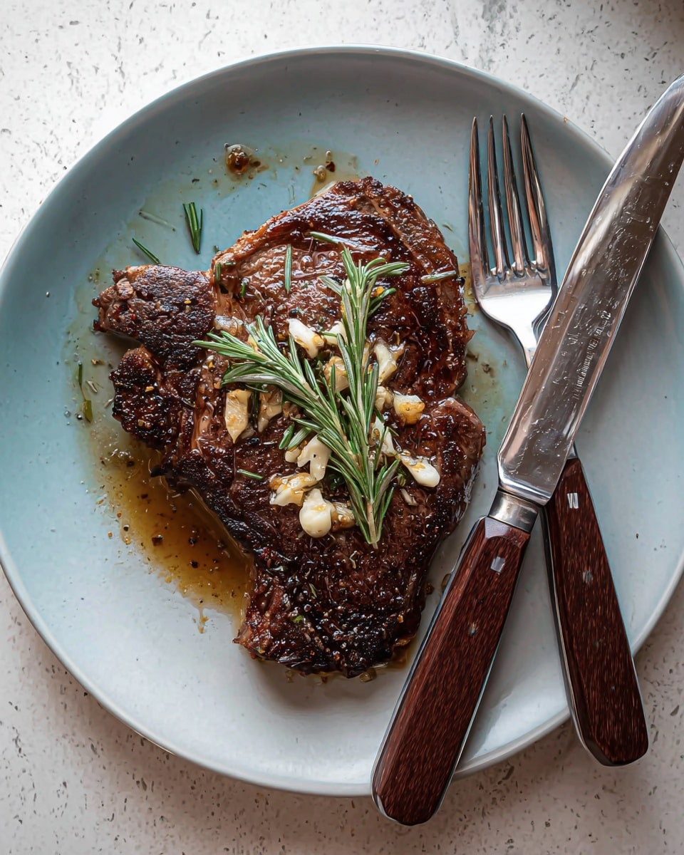 A piece of cooked steak with a dark brown crispy surface sits in the center of a white plate, topped with chopped light-colored garlic and a fresh green rosemary sprig. The steak has a rich, textured look with some oil or sauce spread around it on the plate. To the right of the steak, a silver fork and a knife with a wooden handle lay crossed on the plate. The plate rests on a white marbled textured surface. Photo taken with an iphone --ar 4:5 --v 7