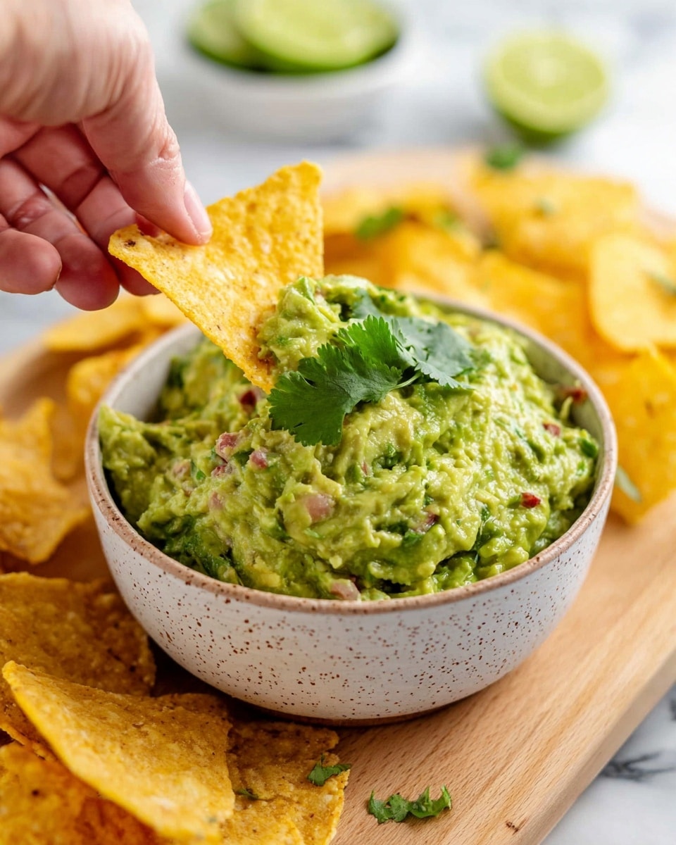 A woman's hand is holding a yellow triangle-shaped tortilla chip, dipping it into a speckled white bowl filled with chunky green guacamole. The guacamole has visible small red and green bits mixed in, and a sprig of fresh green cilantro sits on top. The bowl is placed on a light brown wooden board with several more tortilla chips scattered around it, and the background shows a white marbled surface with blurred elements, including a white bowl holding lime wedges. Photo taken with an iphone --ar 4:5 --v 7