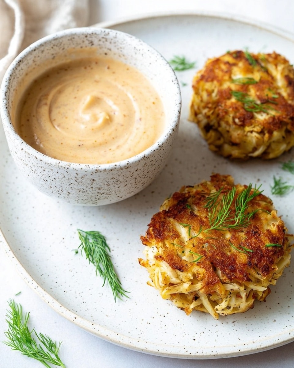 The image shows two golden-brown crab cakes placed on the right side of a white speckled plate on a white marbled surface. Each crab cake has a crispy texture with visible shredded crab meat and small green dill sprigs sprinkled on top and around them. On the left side of the plate, there is a white speckled bowl filled with a smooth, light beige sauce with a slightly swirled surface. The setting is bright and clean, with soft natural light highlighting the colors and textures of the food. photo taken with an iphone --ar 4:5 --v 7