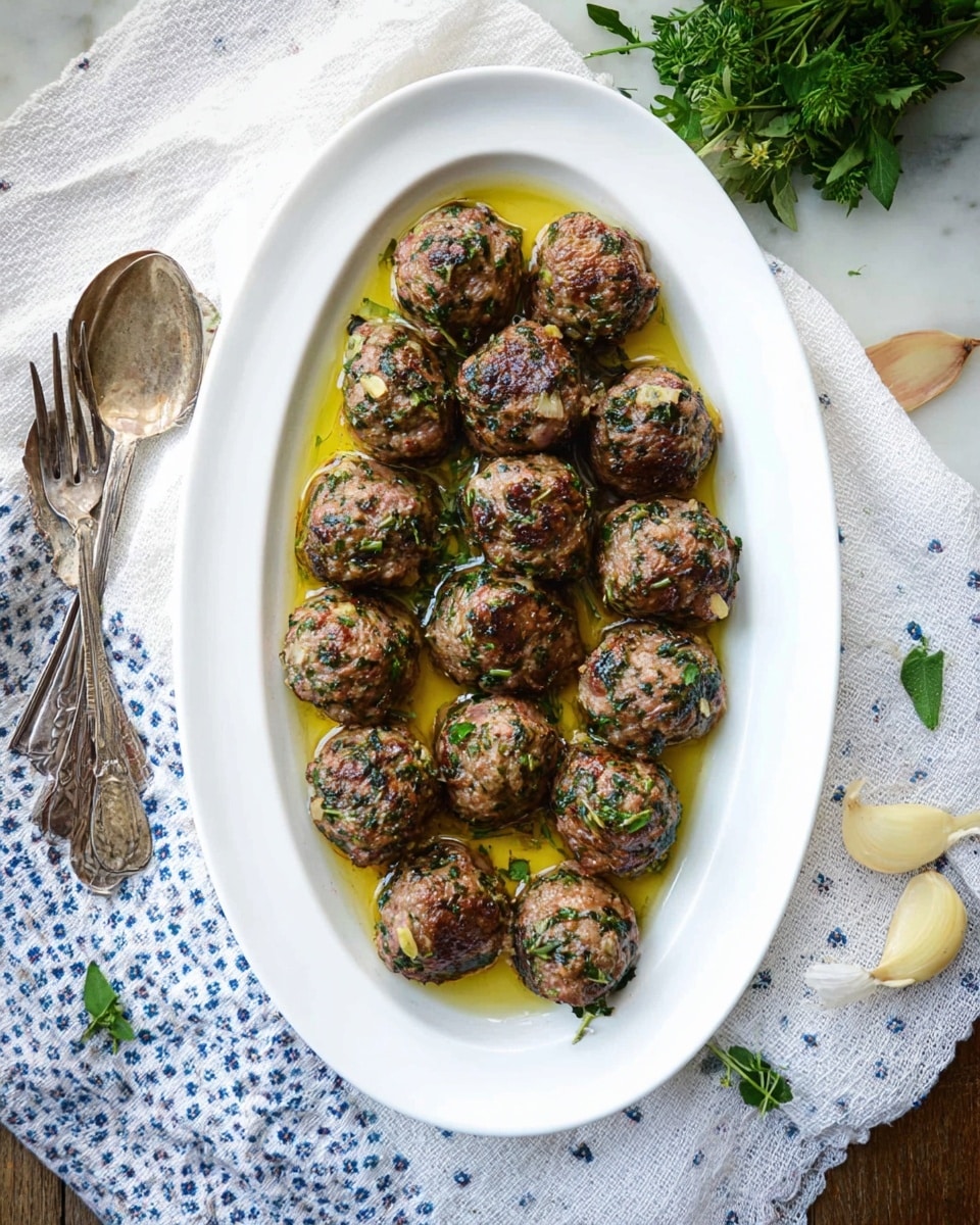 A white oval plate holds a layer of about sixteen round meatballs arranged closely together, each meatball browned on the outside with visible bits of green herbs mixed inside, giving them a slightly uneven speckled look. The meatballs sit in a pool of golden olive oil that reflects light softly. To the left of the plate, two vintage silver fork and spoon rest on a white cloth with small blue patterns. Around the plate, there are small bunches of fresh green herbs, garlic cloves, and onion peel scattered on a white marbled surface. The lighting is natural and bright, emphasizing the textures of the food and the rustic setting photo taken with an iphone --ar 4:5 --v 7