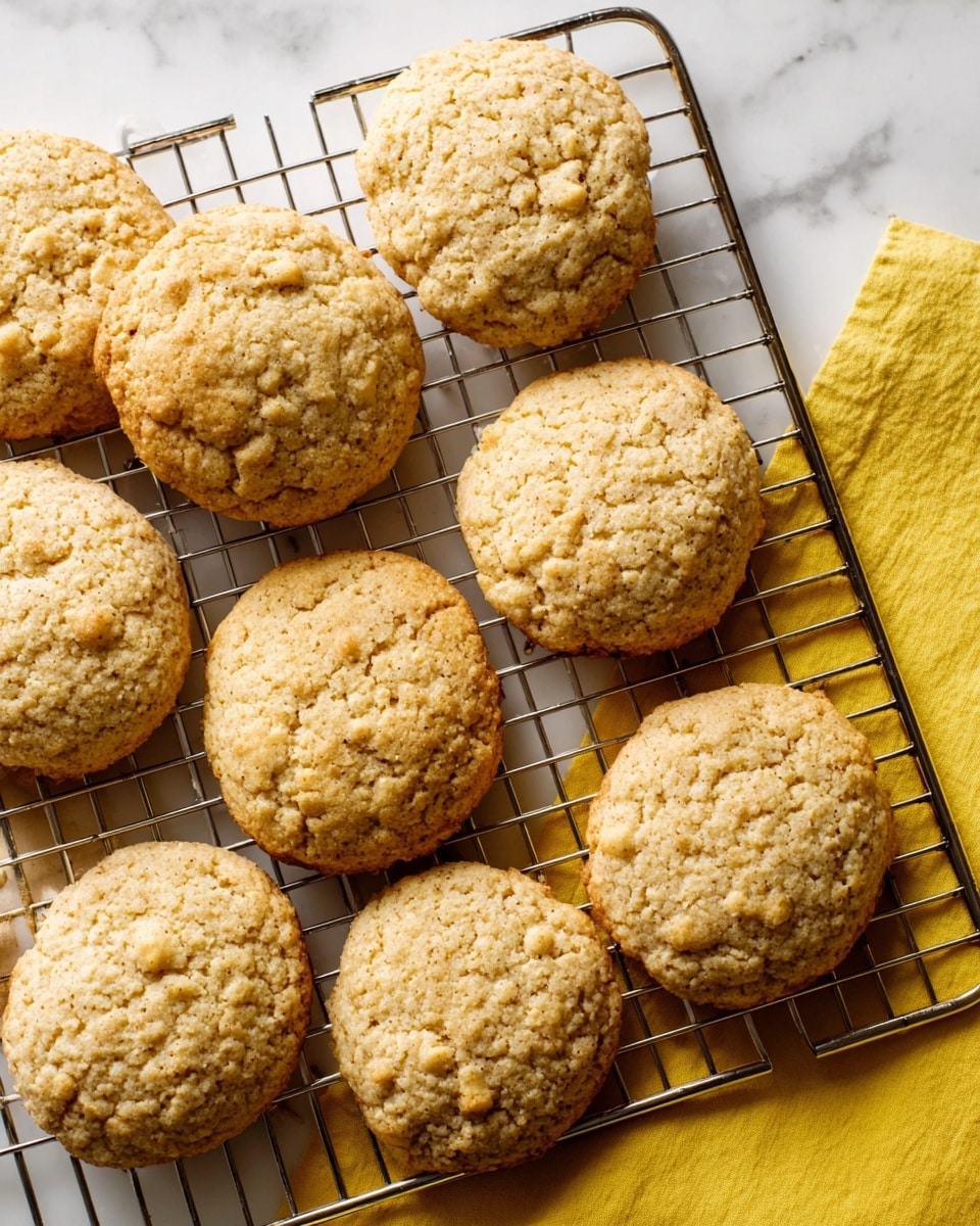 Round cookies with a light brown color and rough texture are arranged on a silver cooling rack. The cookies have small bumps and look soft on the edges. The rack sits on a white marbled surface, and there is a yellow cloth partly visible under the rack on the right side. photo taken with an iphone --ar 4:5 --v 7