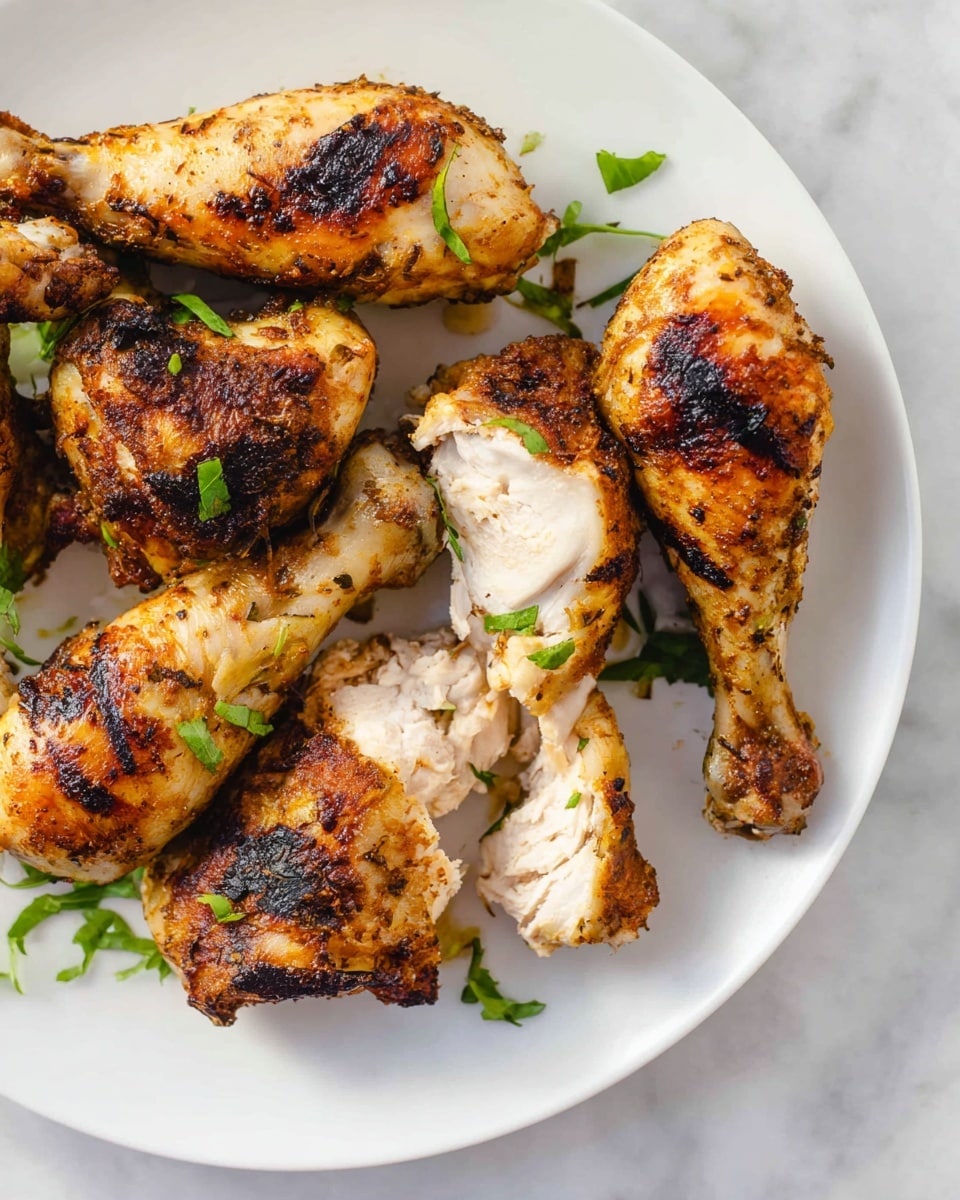 A white plate holds six pieces of seasoned and cooked chicken drumsticks with golden brown crispy skin that shows some blackened grill marks. One drumstick is partially sliced, revealing tender, juicy white meat inside. Small bits of fresh green herbs are scattered on top and around the chicken pieces. The plate is set on a white marbled surface. photo taken with an iphone --ar 4:5 --v 7