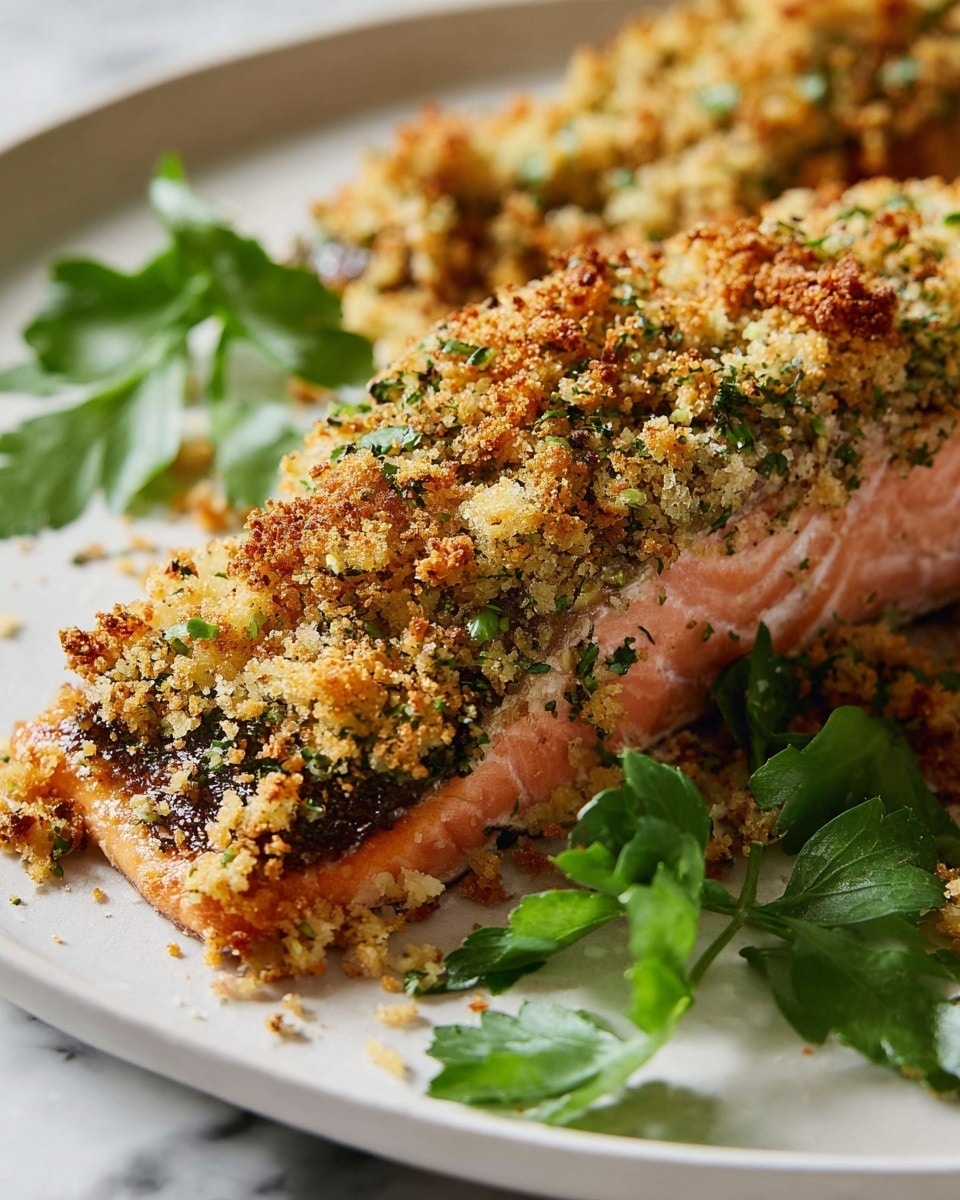 The image shows a close-up of a baked salmon fillet with a thick, crunchy golden breadcrumb layer on top that is mixed with green herbs and slightly browned from baking. The salmon beneath is pink with a moist texture. Around the fillet, bright green parsley leaves add a fresh touch. The food is placed on a white plate with soft shadowing, set on a white marbled surface. photo taken with an iphone --ar 4:5 --v 7