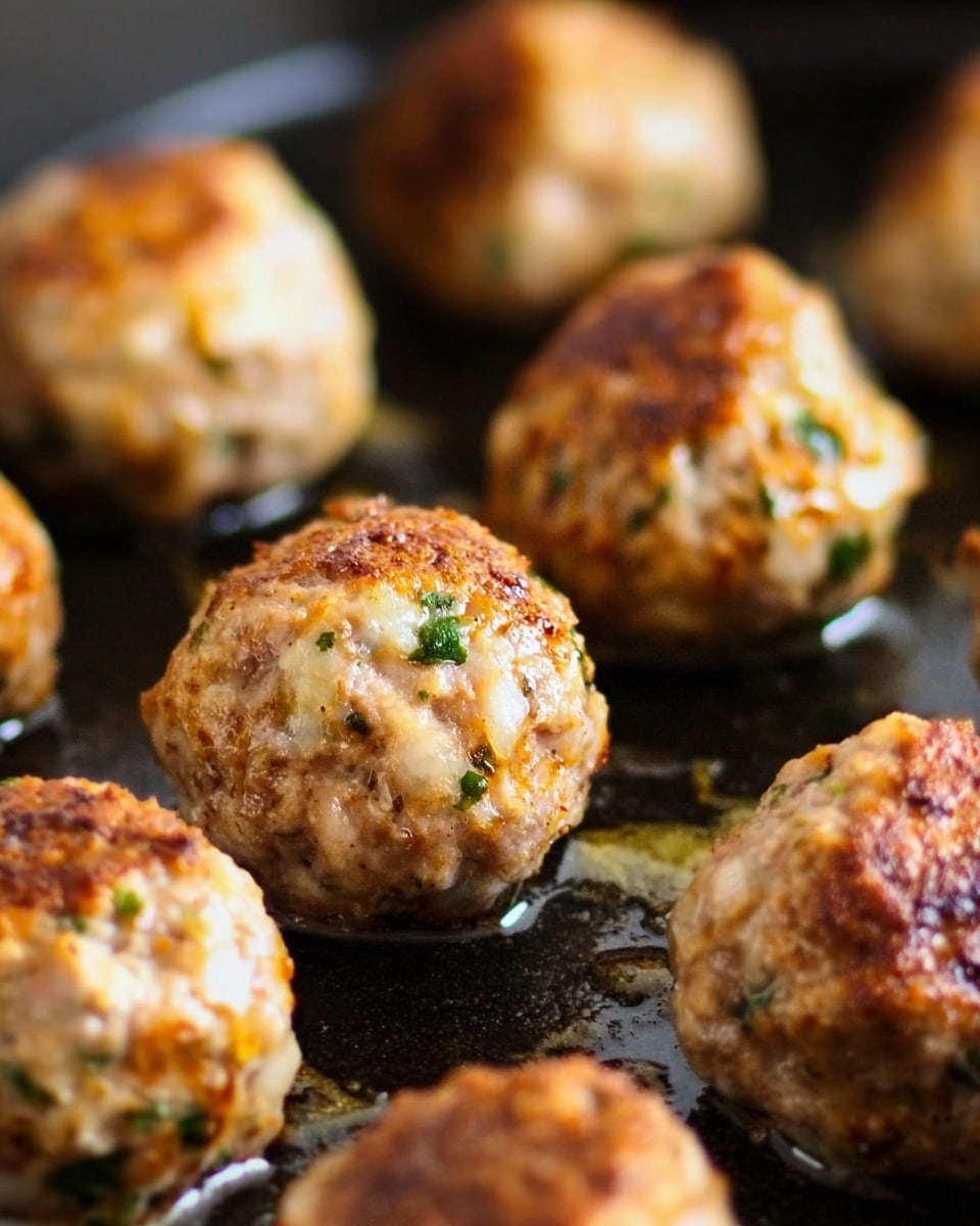 The image shows a close-up of several cooked meatballs on a dark baking tray. Each meatball is round and has a golden-brown crust with small green herb pieces inside, showing a slightly rough texture. The meatballs are spaced evenly, with some glistening oil pools around their bases on the tray. The background is softly blurred, focusing on the front meatballs' detailed surface. The photo has warm tones, highlighting the cooked texture and colors. photo taken with an iphone --ar 4:5 --v 7