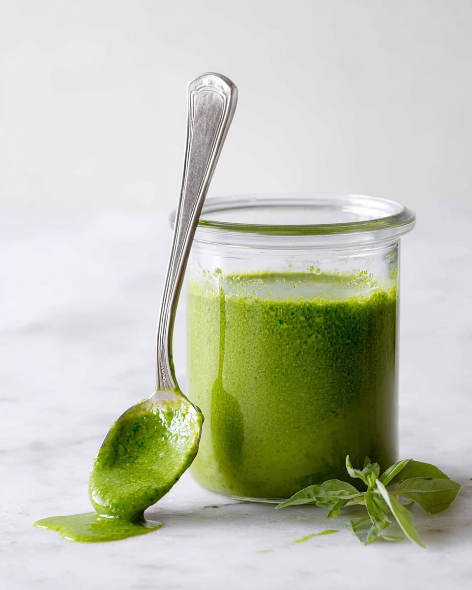 A clear glass jar filled about three-quarters with bright green sauce, showing a smooth and slightly textured surface inside the jar. A silver spoon leans against the jar, with the spoon bowl covered in the same green sauce, some of it dripping down onto a white marbled surface in front of the jar. To the right of the jar, there are a few fresh green basil leaves lying on the white marbled texture. The background is plain white, making the green colors stand out strongly. Photo taken with an iphone --ar 4:5 --v 7