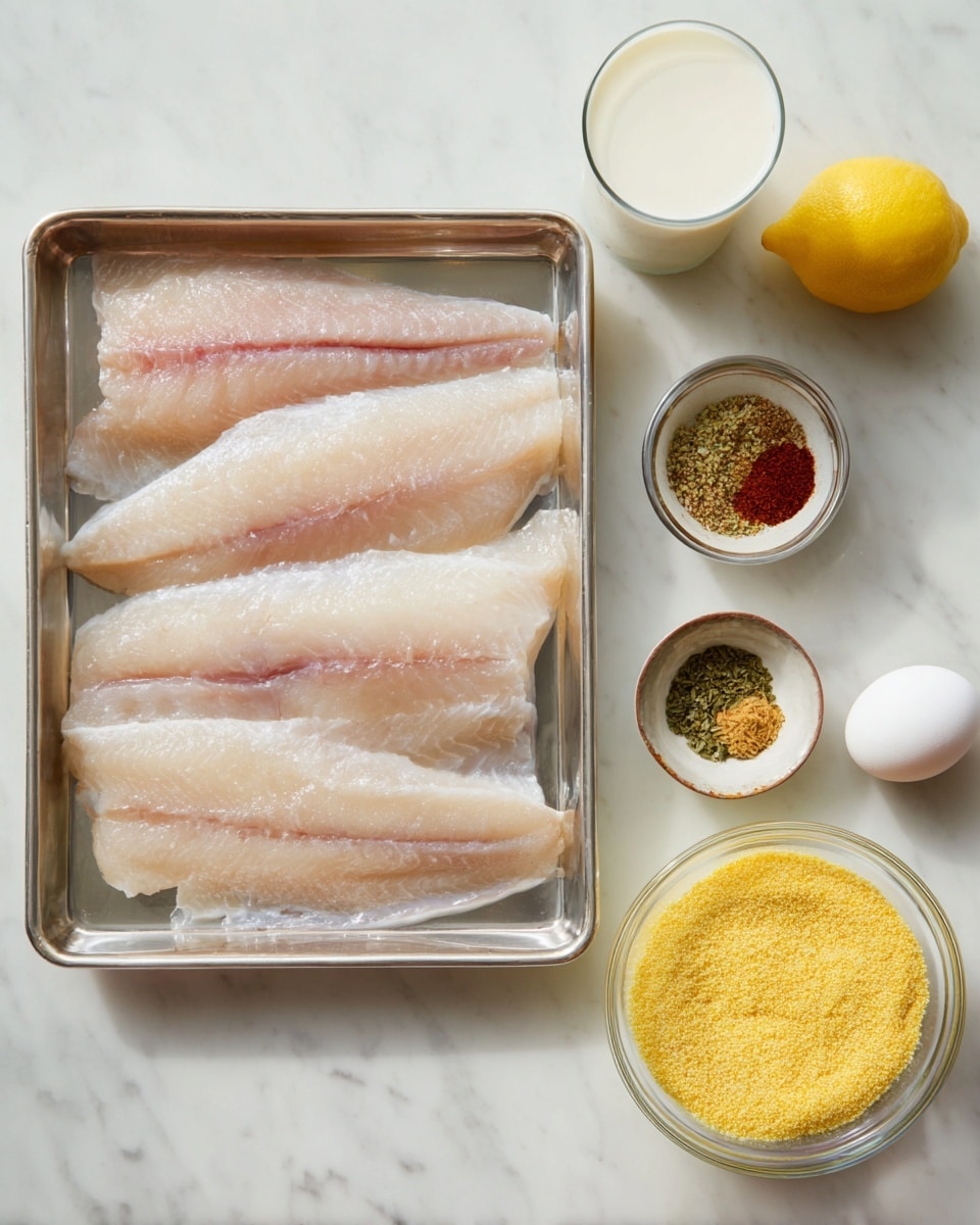 The image shows four large pieces of raw fish fillets laid out neatly in a silver metal tray on a white marbled surface. To the right of the tray, there is a cup of milk, a small bowl with mixed spices, a small bowl with a raw egg, a whole lemon, and a larger clear bowl filled with yellow cornmeal. The setup is clean and organized, highlighting the fresh ingredients on the bright white marbled background. photo taken with an iphone --ar 4:5 --v 7