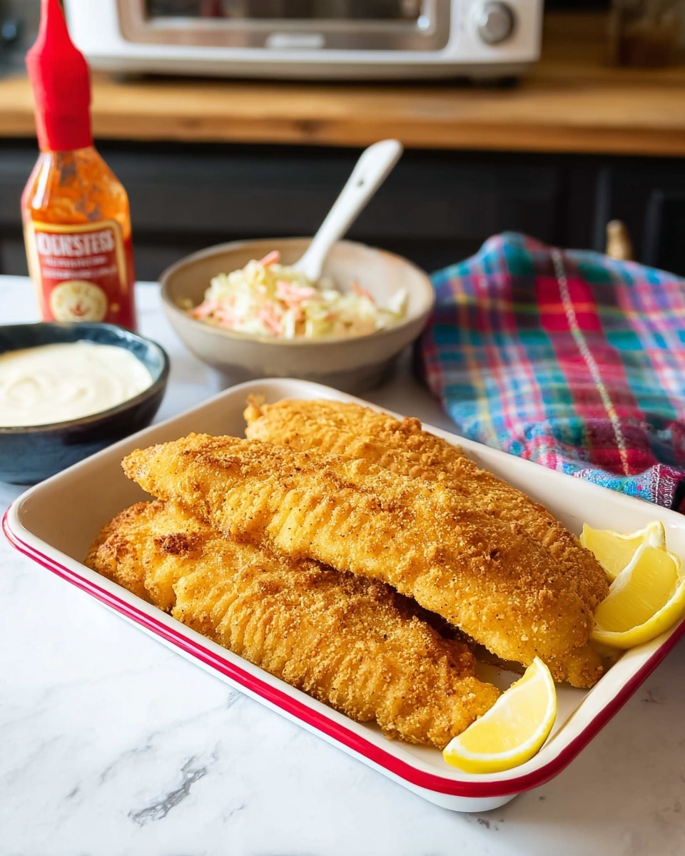 The image shows three golden brown, crispy fried fish fillets stacked in a white rectangular dish with a red rim. To the left of the fish, there is a dark bowl filled with creamy white sauce. At the right edge of the dish, two lemon wedges are placed next to the fish. Behind the dish, a bottle of hot sauce with a bright red cap is visible, along with a colorful plaid cloth and a small bowl of coleslaw topped with a white spoon. The background is a white marbled surface with a kitchen appliance slightly blurred behind. photo taken with an iphone --ar 4:5 --v 7