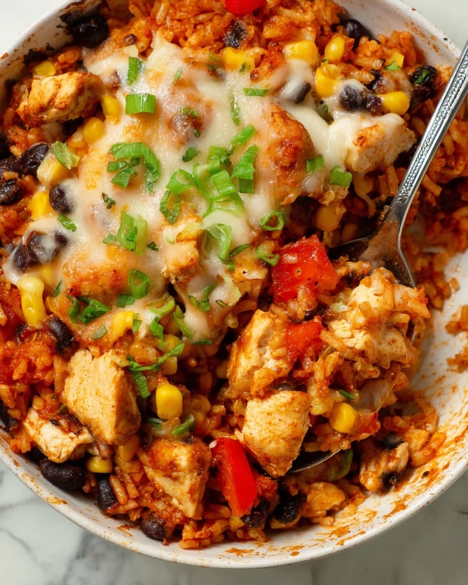 This dish shows a cooked mix in a white bowl with a white marbled background, where the bottom layer is orange-red rice mixed with black beans scattered around. Above the rice layer, there are yellow corn kernels and red bell pepper pieces mixed with chunks of cooked chicken that have a light brown outside and white inside. The top layer is melted white cheese slightly browned in spots, sprinkled with fresh bright green onion slices. A silver spoon is partially dipped into the mix, visible on the right side of the bowl. Photo taken with an iphone --ar 4:5 --v 7
