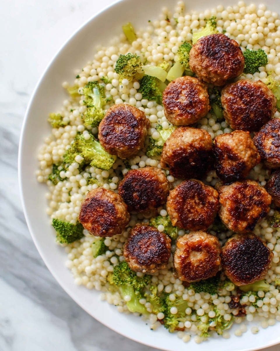 A white plate filled with two main layers: the bottom layer is small round white grains mixed with small pieces of green broccoli, showing a soft and slightly textured surface. On top, there are about a dozen round, browned meatballs with a crispy, dark golden crust that contrasts with their lighter interior. The meatballs are randomly placed, covering part of the grain and broccoli mix. The whole scene sits on a white marbled surface. photo taken with an iphone --ar 4:5 --v 7