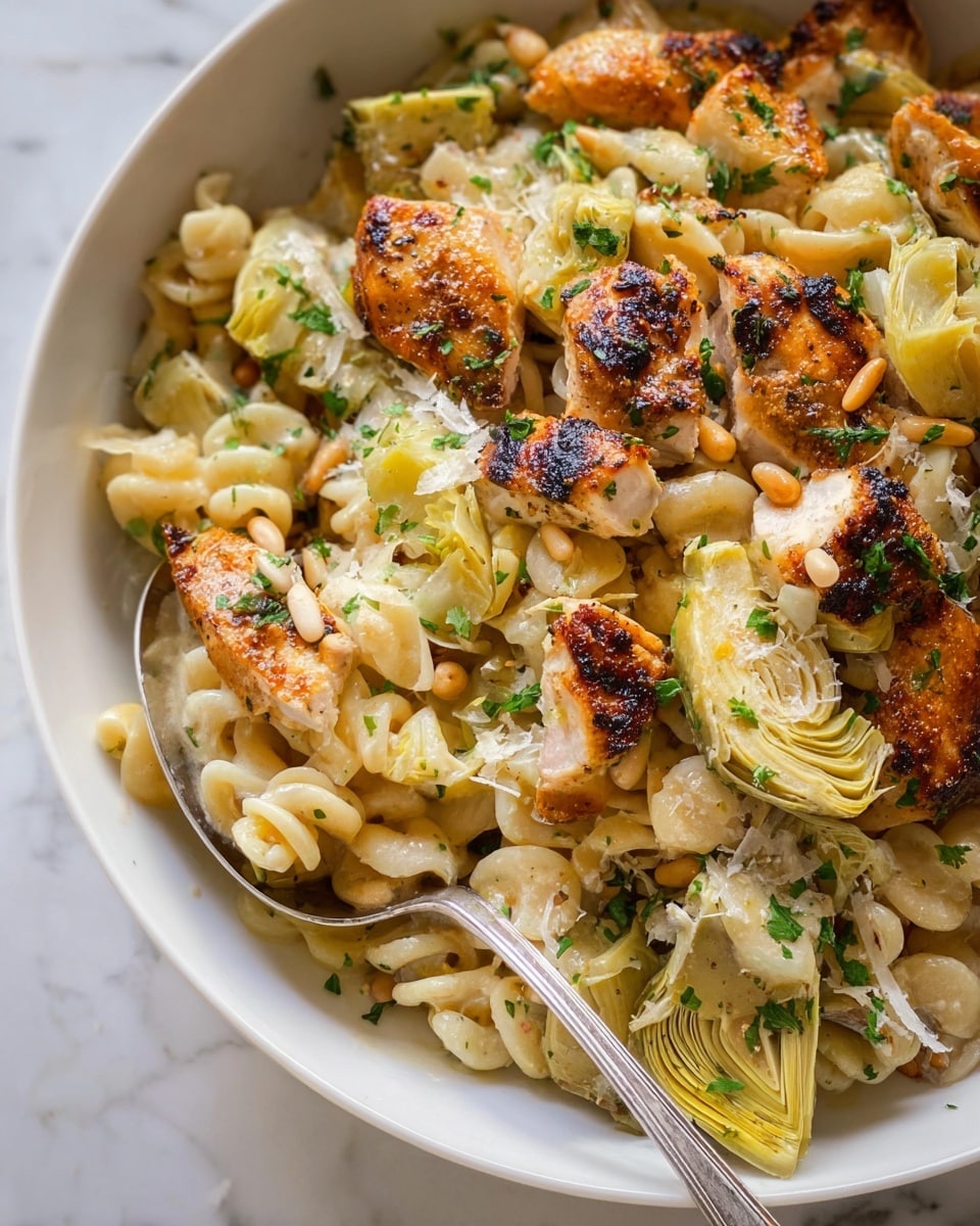 A close-up of a pasta dish in a white bowl with a white marbled background, showing three main layers: golden-brown grilled chicken pieces with some charred edges on top, a middle layer of short spiral-shaped pasta covered lightly with grated cheese, and artichoke hearts cut into chunks in pale green and yellow. Toasted pine nuts scattered evenly and tiny green parsley bits add fresh color over the pasta. A silver spoon rests inside the bowl on the right side, partly dipping into the food. The whole image has a warm and inviting tone. photo taken with an iphone --ar 4:5 --v 7