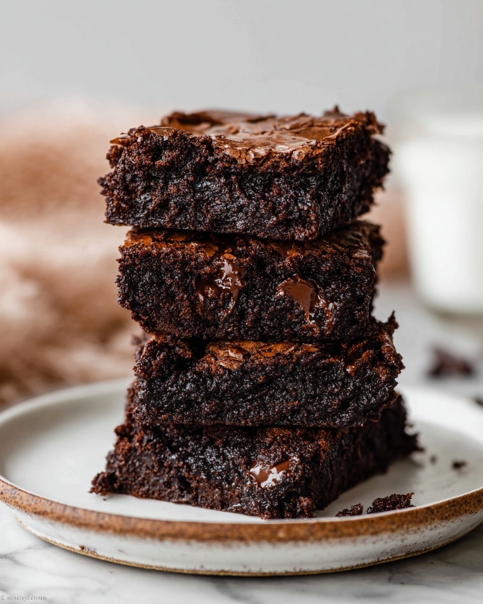 A stack of three dark brown brownies with a shiny, slightly cracked top layer sits in the center of a white plate with a rustic brown edge. Each brownie layer shows a moist, dense texture filled with chunks of chocolate, adding a rich, textured look. The plate is placed on a white marbled surface, and the background is softly blurred with light colors, keeping focus on the brownies. Photo taken with an iphone --ar 4:5 --v 7