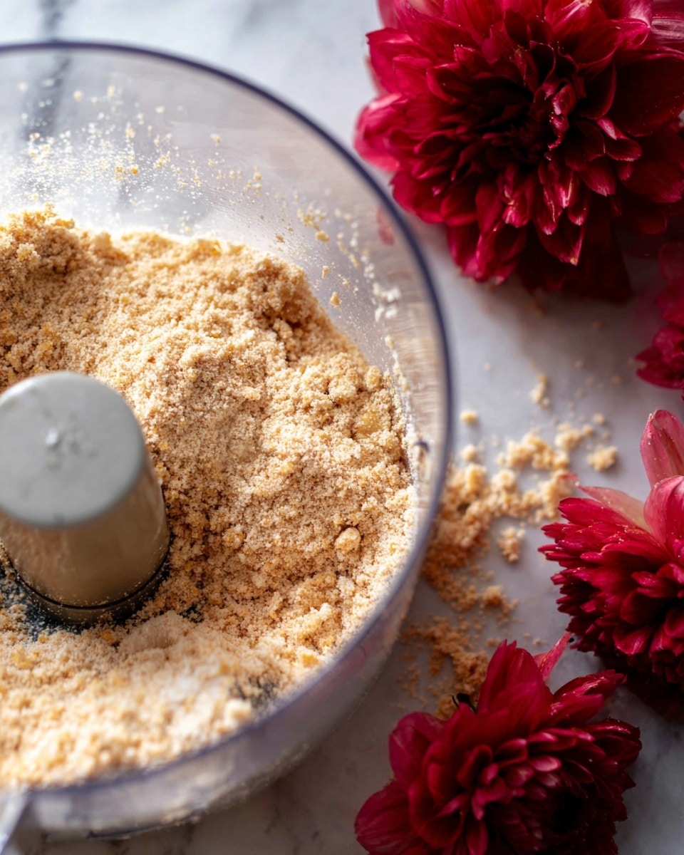 Inside a clear food processor bowl, there is a loose layer of light brown crumbs with a mix of fine powder and small chunks scattered unevenly. The bowl's surface shows some crumbs sticking to the sides, and more crumbs spread on the white marbled surface below. Bright red flowers with soft, layered petals sit close beside the food processor, adding a strong contrast in color. The image focuses closely on the texture of the crumbs and the flowers, with soft natural lighting highlighting the details. Photo taken with an iphone --ar 4:5 --v 7