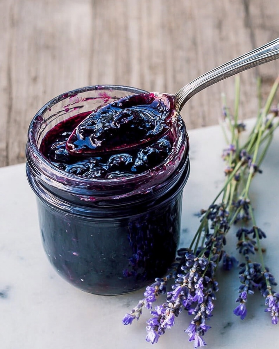 A glass jar is filled with thick dark purple jam with visible whole berries inside. A silver spoon rests on top of the jar, covered with the shiny, rich jam. Next to the jar, there are small sprigs of lavender flowers with light purple petals. The jar and spoon sit on a white marbled surface with a simple, clean look. photo taken with an iphone --ar 4:5 --v 7