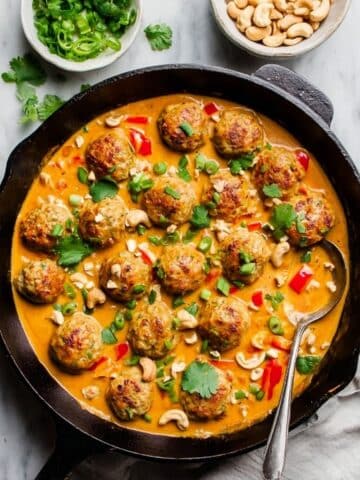 One Pan Ginger Chicken Meatballs with Peanut Sauce Recipe
