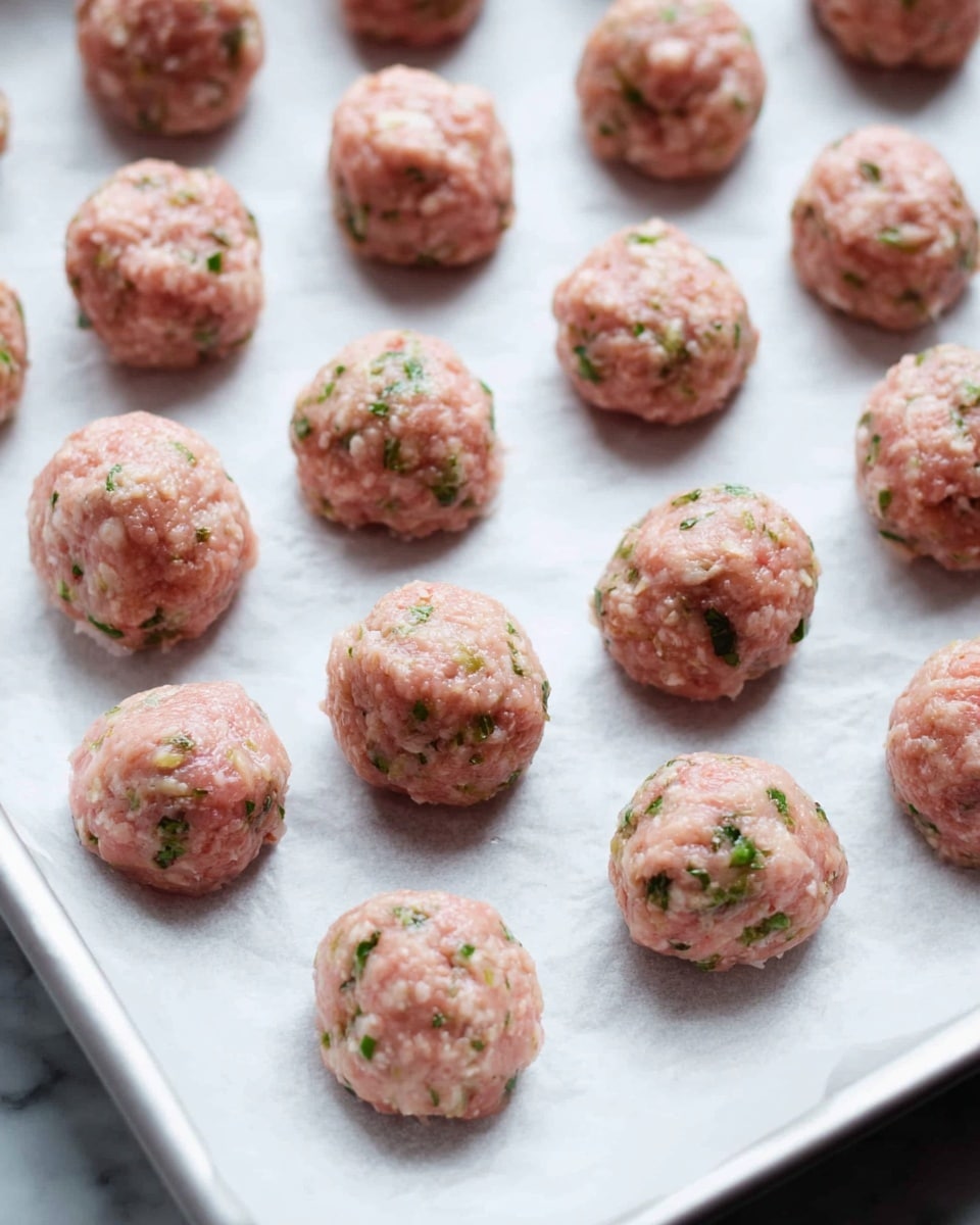 The image shows a white baking tray lined with white parchment paper, filled with raw meatballs. Each meatball is round and pinkish with visible green herb bits mixed in, giving a hint of texture and freshness. The meatballs are evenly spaced in a grid pattern, filling the tray with a neat arrangement. The background is a clean white marbled texture. photo taken with an iphone --ar 4:5 --v 7