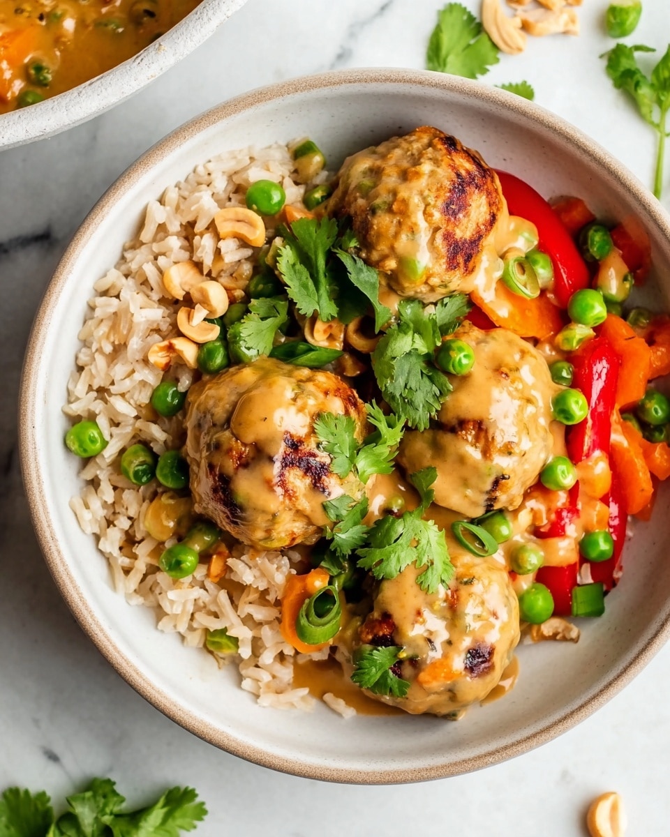 A white bowl filled with three golden brown meatballs covered in a light brown sauce with green peas and fresh cilantro leaves on top. The meatballs sit on a bed of light brown rice that fills the bottom third of the bowl. Bright orange carrot slices and red pepper strips are mixed with the peas and sauce above the rice. Small pieces of chopped nuts and sliced green onions are scattered on top. The bowl is placed on a white marbled surface with some cilantro leaves and nuts nearby. Photo taken with an iphone --ar 4:5 --v 7