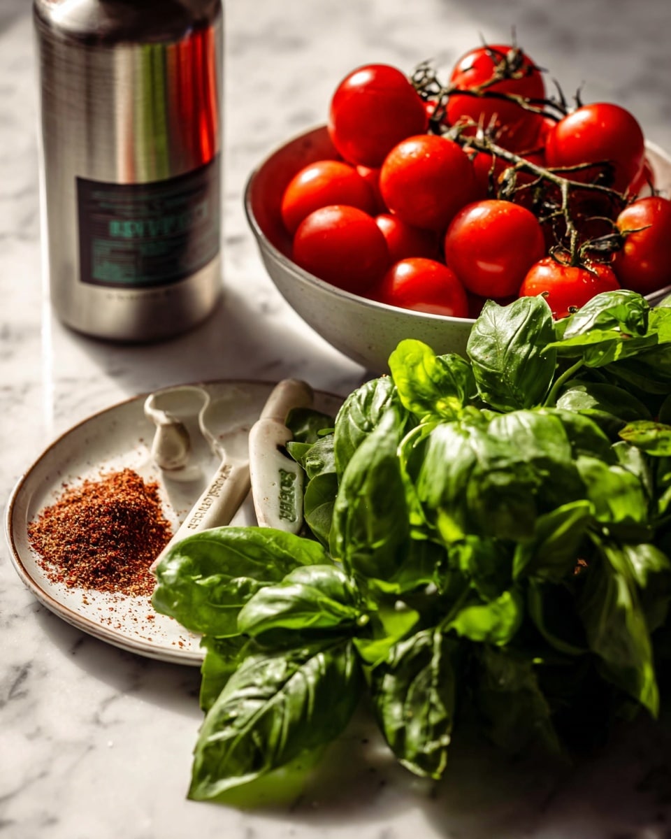 A close-up image shows three main layers arranged on a white marbled surface: at the back, a metallic bottle with a dark label; in the middle, a white bowl filled with bright red cherry tomatoes still on the vine; and at the front, fresh green basil leaves with a rich, leafy texture, some overlapping a white plate that contains a small heap of reddish-brown spice and a cream-colored measuring spoon resting on top. The lighting highlights the vivid colors and textures of the ingredients, creating a fresh and natural look. Photo taken with an iphone --ar 4:5 --v 7