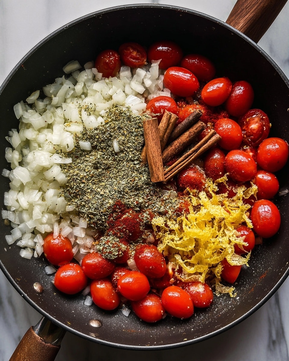 A black pan filled with three main layers and some spices: finely chopped white onions covering the left side, whole shiny red grape tomatoes scattered around the right and top edges, and bright yellow lemon peel pieces placed at the bottom right corner. On top of the onions and tomatoes are visible dark brown cinnamon sticks, dried green herbs sprinkled evenly, black pepper, and small crushed red flakes adding texture to the mix. The pan rests on a white marbled surface. Photo taken with an iphone --ar 4:5 --v 7