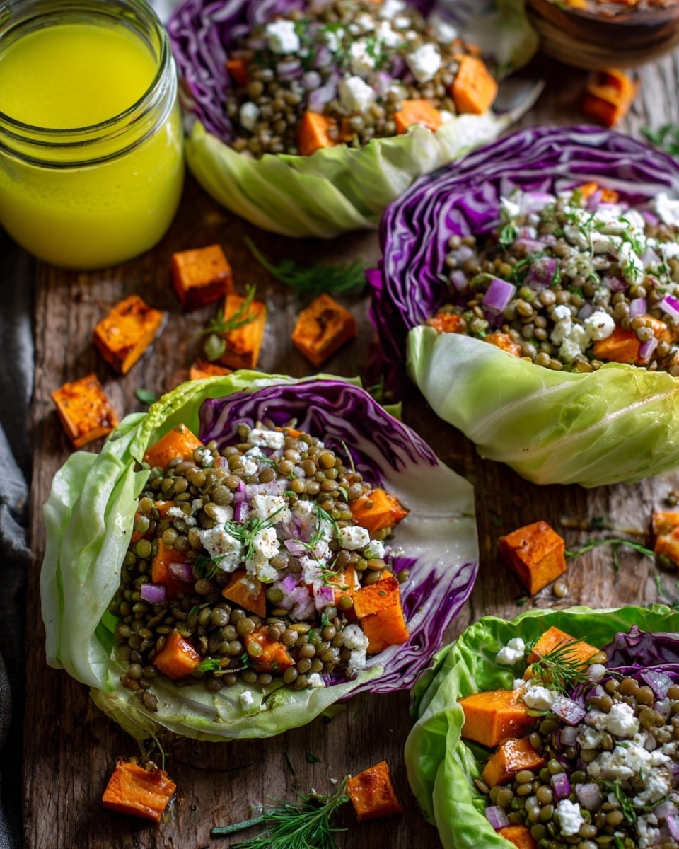This image shows several light green and purple cabbage leaves arranged as cups to hold a mixed salad. The salad has three main layers: the bottom layer with small orange sweet potato cubes, the middle layer with green lentils mixed with small pieces of red onion and herbs, and the top layer sprinkled with white crumbled cheese and green tomato wedges. The cabbage cups are placed on a wooden surface with scattered sweet potato cubes and green herbs around. To the left, there is a clear glass jar filled with bright yellow dressing. Photo taken with an iphone --ar 4:5 --v 7