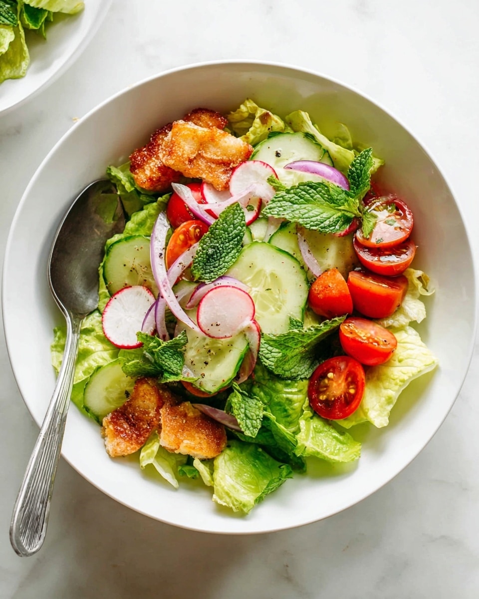 A white bowl filled with a fresh salad arranged in several layers is placed on a white marbled surface. The bottom layer is a mix of crisp green lettuce leaves, with some bright mint leaves scattered on top. The next layer has thinly sliced radishes with white centers and red edges, cucumber slices showing green skin and pale green flesh, and quartered cherry tomatoes with shiny red skins and visible seeds. There are thin rings of purple-red onion interspersed throughout the salad. Golden-brown fried pieces, adding a crunchy texture, are placed on top of the vegetables. A silver spoon is partially visible on the left side of the bowl. photo taken with an iphone --ar 4:5 --v 7