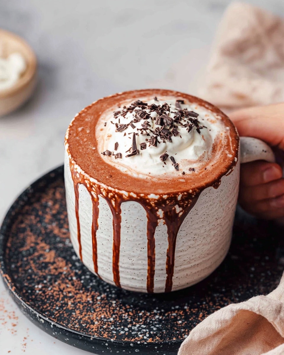 A white textured mug filled with hot cocoa topped with a dollop of whipped cream sprinkled with chocolate shavings, with chocolate drips running down the sides of the mug, sitting on a dark plate with a speckled pattern, placed on a white marbled surface with a woman's hand holding the mug handle on the right side, and a cloth napkin nearby. photo taken with an iphone --ar 4:5 --v 7