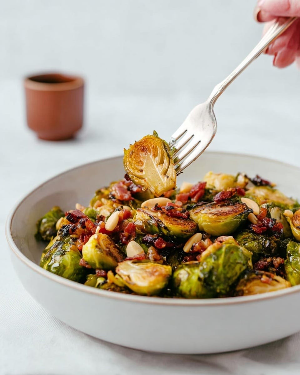 A white bowl filled with roasted Brussels sprouts that have a slightly charred, golden-brown exterior, mixed with small pieces of crispy browned bacon and tiny almond slivers. A fork held by a woman's hand lifts a bite showing one roasted Brussels sprout with a caramelized cut side along with bacon pieces. In the background, out of focus, there is a small brown container on a white marbled surface. The scene is bright and clean, highlighting the textures and colors of the Brussels sprouts, bacon, and nuts. photo taken with an iphone --ar 4:5 --v 7