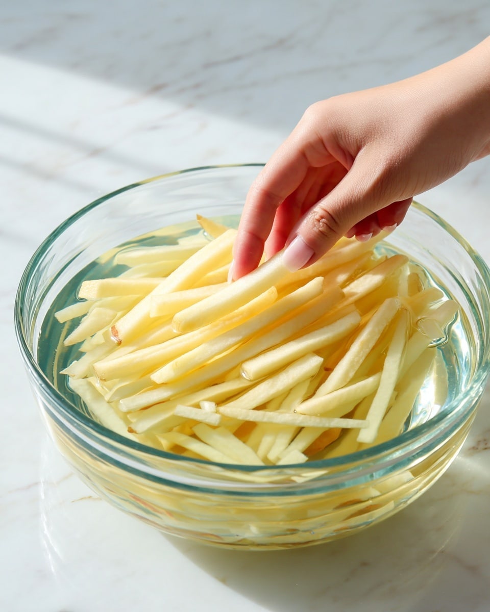 A clear glass bowl filled with light yellow raw potato sticks soaked in water is placed on a white marbled surface. A woman's hand is gently touching and separating the potato sticks inside the bowl, showing the smooth and wet texture of the potatoes. The water is clear and fills the bowl enough to cover the potato sticks partially. The background has soft light that makes the glass bowl and potatoes stand out clearly. photo taken with an iphone --ar 4:5 --v 7