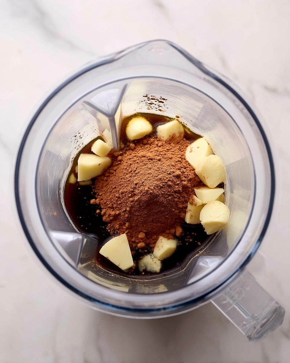 The image shows a clear blender container viewed from above, filled with different ingredients. At the bottom, there is a dark liquid layer that looks thick and smooth, with a rich brown color. Floating on top of this liquid are small chunks of a pale yellow solid, scattered unevenly around the container. In the center, a small mound of fine brown powder is sitting on the dark liquid, adding texture contrast. The inside sides of the blender container are lightly speckled with powder, and the whole scene is placed on a white marbled surface. photo taken with an iphone --ar 4:5 --v 7
