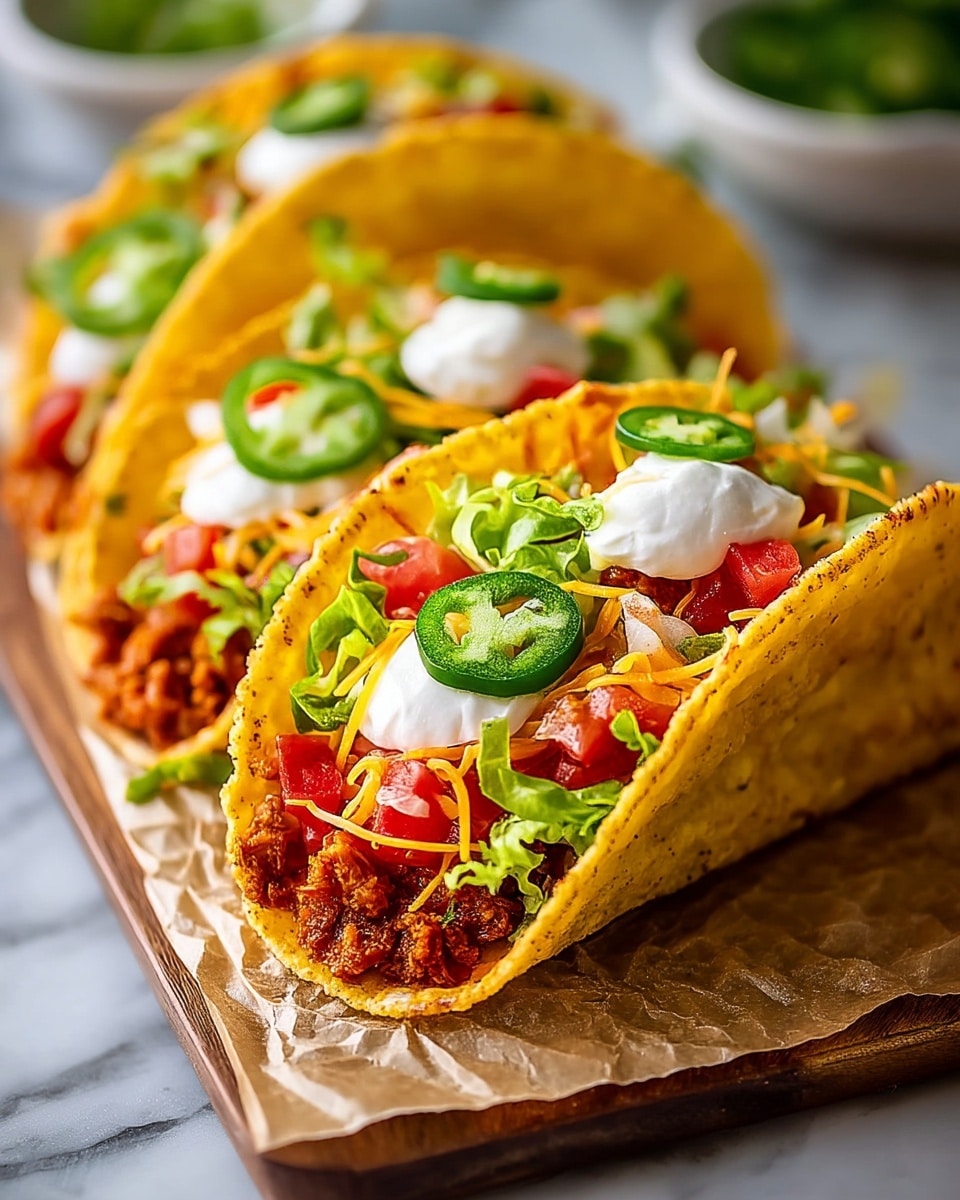 Two tacos are shown close up, each made with a yellow crispy shell holding visible layers inside. The bottom layer appears to be seasoned chicken or meat, topped with chopped red tomatoes, green lettuce, and shredded cheese. On top of this are dollops of white sour cream and slices of green jalapeno peppers. The tacos sit on lightly crumpled beige parchment paper, which is on a wooden board, with a white marbled surface below. In the background, three more tacos are blurred but show similar layers. The lighting is soft and natural. photo taken with an iphone --ar 4:5 --v 7
