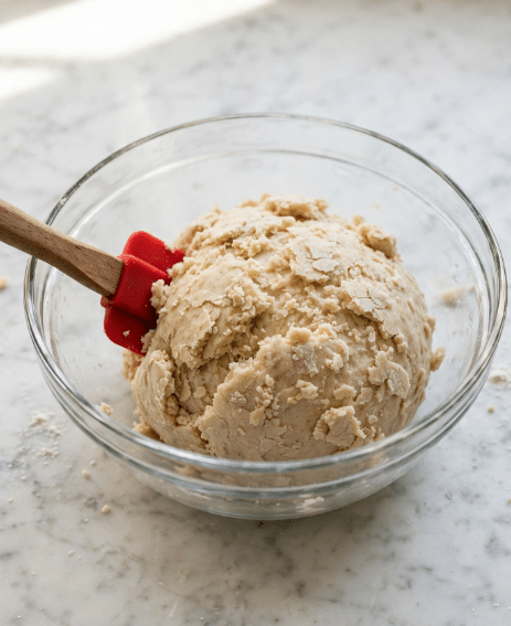 The image shows a clear glass bowl on a white marbled surface, containing a single large ball of pale beige dough with a slightly crumbly texture. A red spatula with a wooden handle is partly inserted into the dough from the left side of the bowl, resting against the dough ball. The dough is centrally placed in the bowl, and the light softly highlights the dough's uneven surface and soft lumps. Photo taken with an iphone --ar 4:5 --v 7