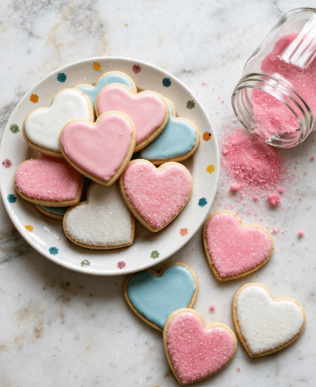 A pile of heart-shaped cookies sits inside a white plate with colorful dots around the rim, placed on a white marbled surface. The cookies come in layers of smooth icing: white, pale pink, and light blue. Some pink and white cookies are covered with sparkling sugar crystals. The cookies outside the plate follow the same color and sugar pattern. An open clear jar tipped over spills more pink sparkling sugar on the white marbled surface nearby. Photo taken with an iphone --ar 4:5 --v 7