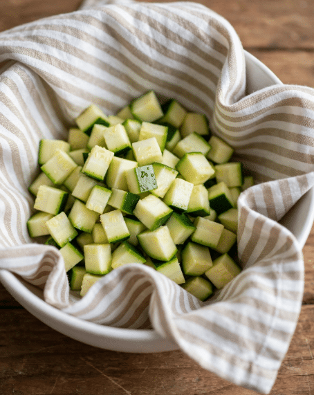A white bowl lined with a soft beige and white striped cloth holds many small pieces of fresh zucchini. The zucchini pieces are light green with darker green edges and look moist and fresh. The bowl sits on a brown wooden surface, with the cloth gently folded around the zucchini, making the scene feel natural and simple. Photo taken with an iphone --ar 4:5 --v 7