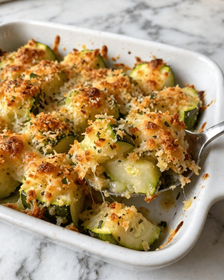 The image shows a close-up of a white baking dish filled with baked zucchini pieces. The zucchini is cut into thick, uneven chunks covered in a golden brown crispy topping made of grated cheese and breadcrumbs. The layers include green zucchini skin and lightly browned melted cheese with a slightly crunchy texture, sprinkled with small bits of seasoning visible on the surface. A silver spoon is scooping out a portion of the zucchini mix, revealing soft, tender zucchini inside beneath the toasted top. The background beneath the baking dish is a white marbled texture. Photo taken with an iphone --ar 4:5 --v 7