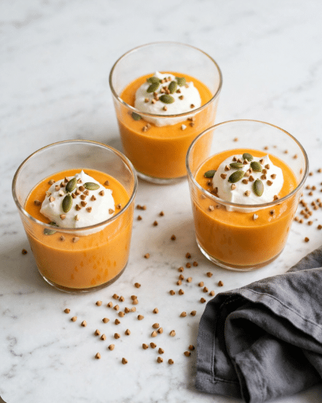 The image shows three clear glass cups placed on a white marbled surface, each filled with two layers. The bottom layer is a smooth, bright orange puree, filling most of the cup. On top of this is a dollop of white cream, slightly rounded and soft in texture. Scattered on the cream are small green pumpkin seeds and tiny brown buckwheat grains. Around the glasses, loose buckwheat grains are scattered on the white marbled surface, and in the front right corner, there is a folded charcoal gray cloth. The background is a soft white marbled texture. Photo taken with an iphone --ar 4:5 --v 7