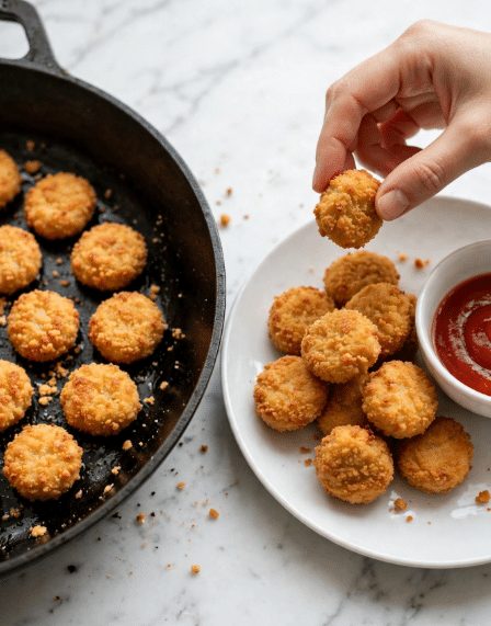 The image shows a group of small, round, golden-brown nuggets with a crispy, textured surface. On the left side, the nuggets are arranged in a single layer on a dark cooking pan with some crumbs around them. On the right side, several nuggets are piled on a white plate next to a small white bowl filled with bright red dipping sauce. A woman's hand is holding one nugget above the plate. The background is a white marbled surface. Photo taken with an iphone --ar 4:5 --v 7