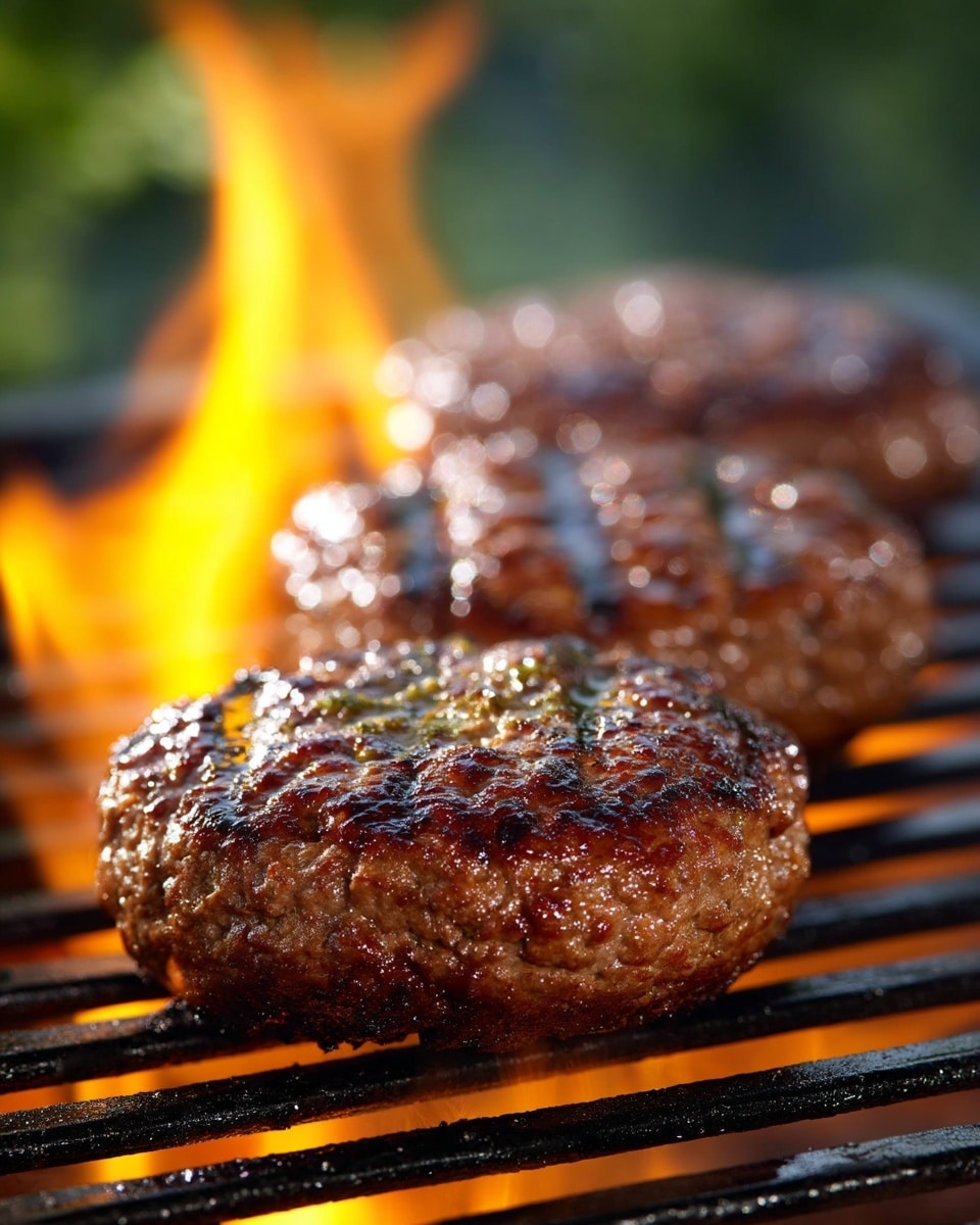 The image shows three thick, brown grilled patties cooking on a metal grill, with visible grill marks and a juicy, slightly shiny appearance. The patties have a rough texture on top and look well-cooked with some areas darker where the heat is higher. Bright orange flames rise up between the bars of the grill, adding a warm glow and a sense of heat. The background is softly blurred with hints of green and light colors, giving a fresh outdoor feel. The scene is close-up, showing the patties lined up horizontally on the grill bars. photo taken with an iphone --ar 4:5 --v 7
