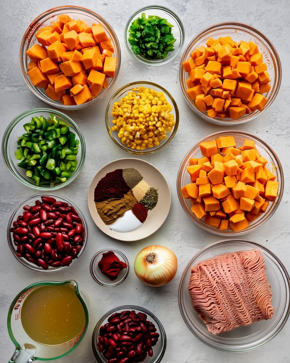 The image shows multiple clear glass bowls arranged on a white marbled surface, each filled with different ingredients for cooking. There are diced orange sweet potatoes, chopped green bell peppers, bright yellow corn kernels, chopped green herbs, chopped red tomatoes, kidney beans, a small bowl of olive oil, and a bowl with mixed spices showing various colors like red, brown, and white. There is also a glass jug with light yellow broth, a whole onion, a small bowl with red paste, and a bowl with ground meat. The bowls are neatly placed with space between them, presenting a colorful and organized view of the ingredients. photo taken with an iphone --ar 4:5 --v 7