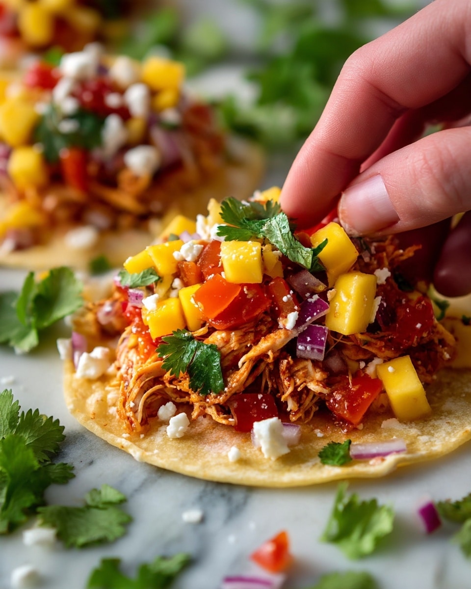The image shows a close-up of a hand picking up a taco filled with several layers. The bottom layer is shredded cooked chicken with a reddish tint, topped by a soft, folded pale yellow tortilla. On top of the tortilla, there are small cubes of bright yellow mango, red tomato pieces, finely chopped purple onion, and white crumbled cheese. Fresh green cilantro leaves are scattered around the filling, all placed on a white marbled surface. The food looks fresh, colorful, and slightly moist with a mix of textures and colors showing in the layers photo taken with an iphone --ar 4:5 --v 7