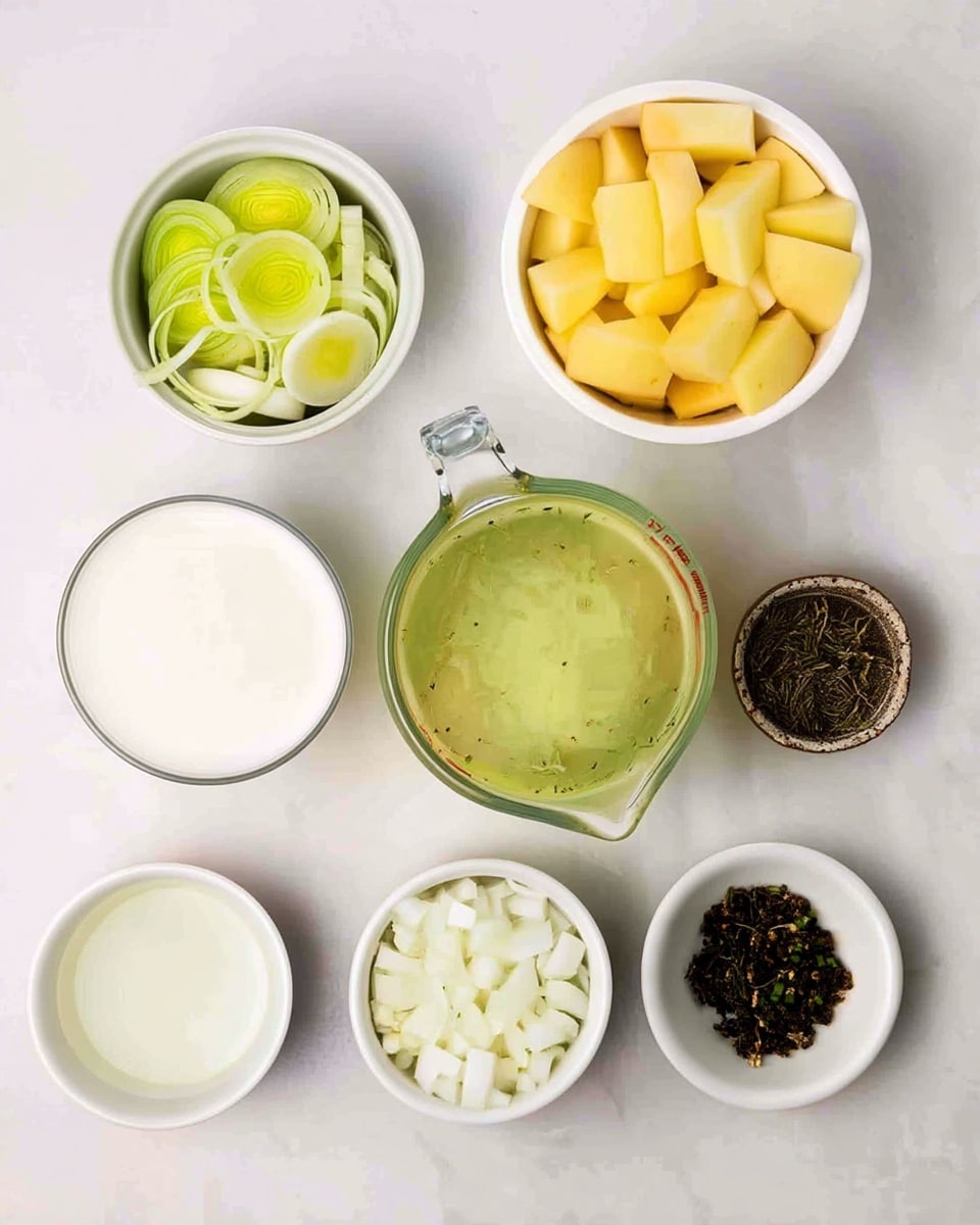 The image shows seven containers of different ingredients on a white marbled surface, arranged neatly. At the top left, a white bowl holds pale green sliced leeks with visible rings. To the right, another white bowl is filled with chunky light yellow potato pieces. Below the leeks is a clear glass cup full of white milk. In the center sits a glass measuring cup with a handle, containing a light green creamy liquid. On the right side, a small white bowl holds dark green chopped chives, and next to it is another small white bowl with dark brown dried herbs. At the bottom left, there is a small white bowl filled with a clear liquid, and next to it, a white bowl with white diced onions. The arrangement is simple and clean. Photo taken with an iphone --ar 4:5 --v 7