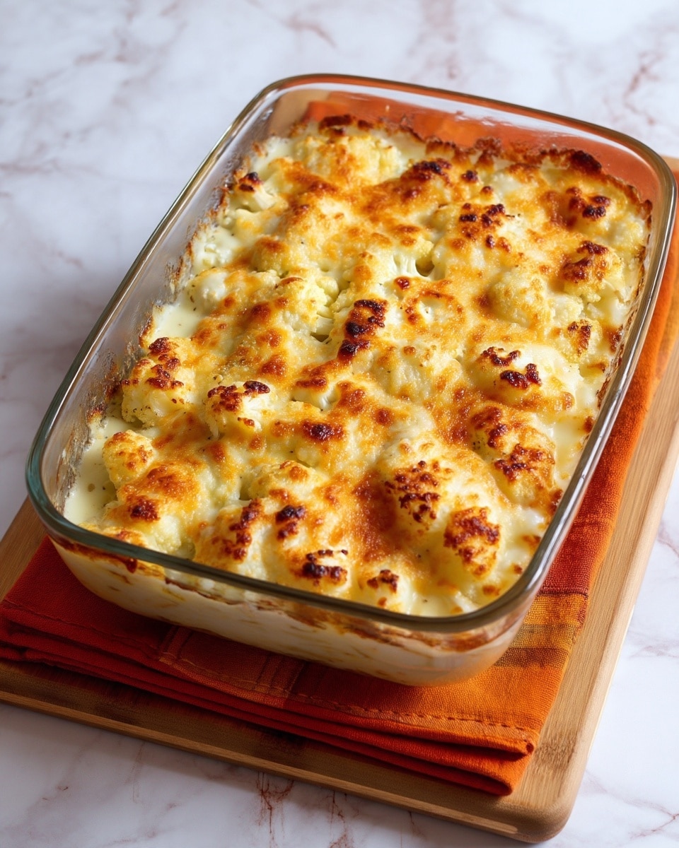 The image shows a clear glass baking dish filled with a layered casserole with a golden brown crust on top. The top layer is bubbly and crisp with melted cheese and small browned spots. Underneath, the creamy layers are slightly visible through the glass sides, showing chunks of light-colored ingredients mixed in. The dish is placed on a white marbled surface, emphasizing the warm tones of the casserole. Photo taken with an iphone --ar 4:5 --v 7