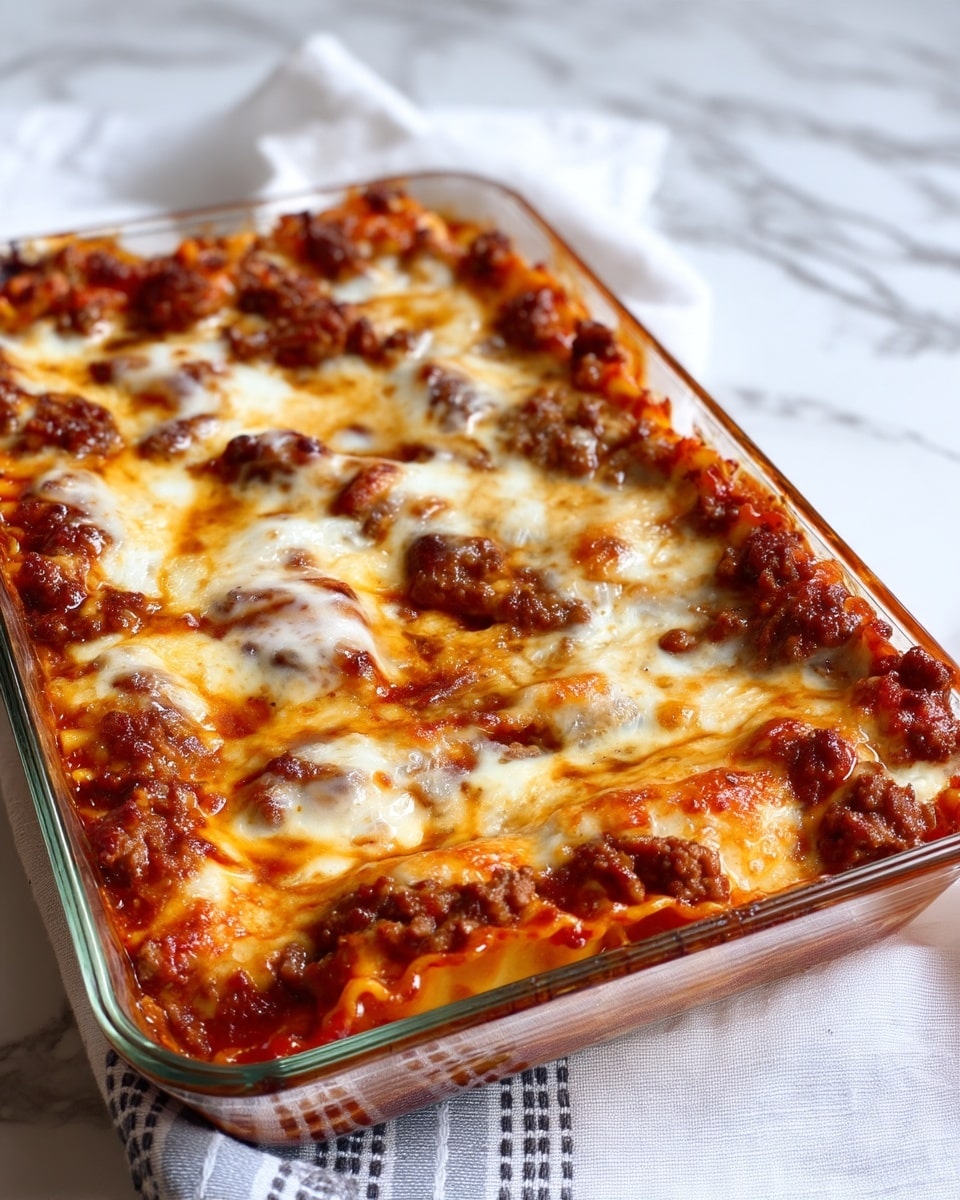 A glass rectangular dish shows a baked lasagna with several layers visible through the sides. The top layer is melted, bubbly cheese that is creamy white with some browned, golden spots. Beneath, a rich red tomato sauce mixed with scattered bits of browned cooked meat spreads evenly with sections of soft pasta visible, displaying a light tan color. The dish sits on a white cloth with a gray and black checkered pattern, and the background surface is white marble. photo taken with an iphone --ar 4:5 --v 7