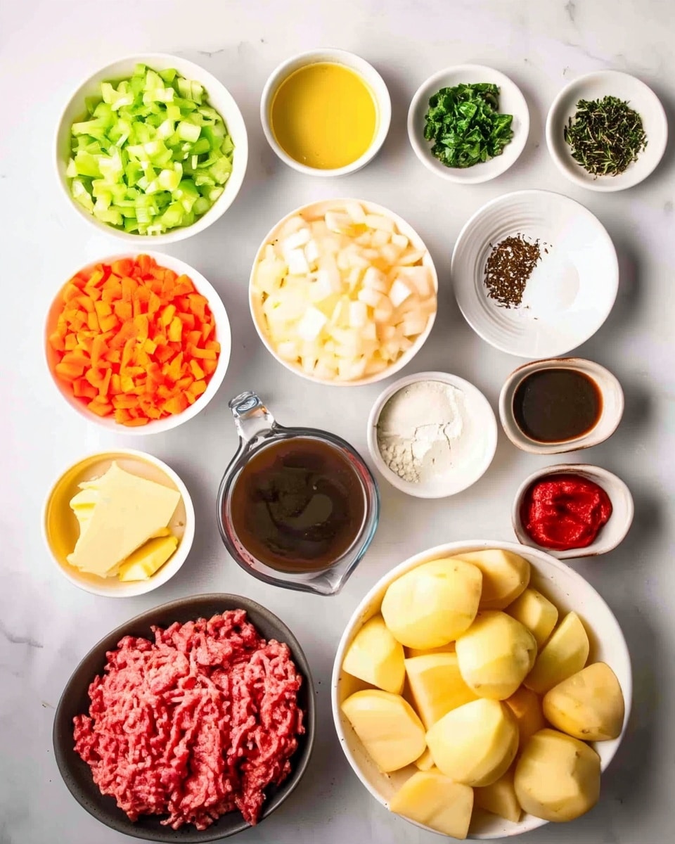 The image shows twelve white bowls and one clear measuring cup arranged on a white marbled surface. From the top left, there is a bowl of finely chopped celery, next to it a bowl of yellow melted butter, then a bowl of chopped green parsley, and a bowl with dried thyme. Below them, there is a bowl of finely chopped carrots on the left, a bowl of finely chopped onions in the middle, and a white bowl with black pepper and salt on the right. Further down, a small bowl contains flour, another small bowl holds a dark brown sauce, and a bowl with tomato paste is next to it. On the bottom left side, a gray bowl is filled with raw ground beef, the clear measuring cup has a dark liquid gravy, and the large white bowl in the lower right is filled with peeled and quartered potatoes. The composition is neat and well lit. Photo taken with an iphone --ar 4:5 --v 7
