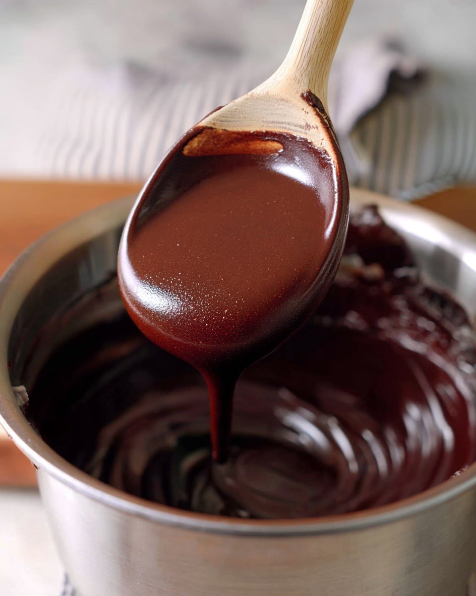 A shiny, thick dark brown chocolate mixture is shown inside a silver pot. The texture looks smooth and glossy, with a wooden spoon covered in the rich chocolate hovering above the pot. The background includes soft colors but is out of focus, keeping the attention on the thick chocolate mixture and the spoon holding it photo taken with an iphone --ar 4:5 --v 7