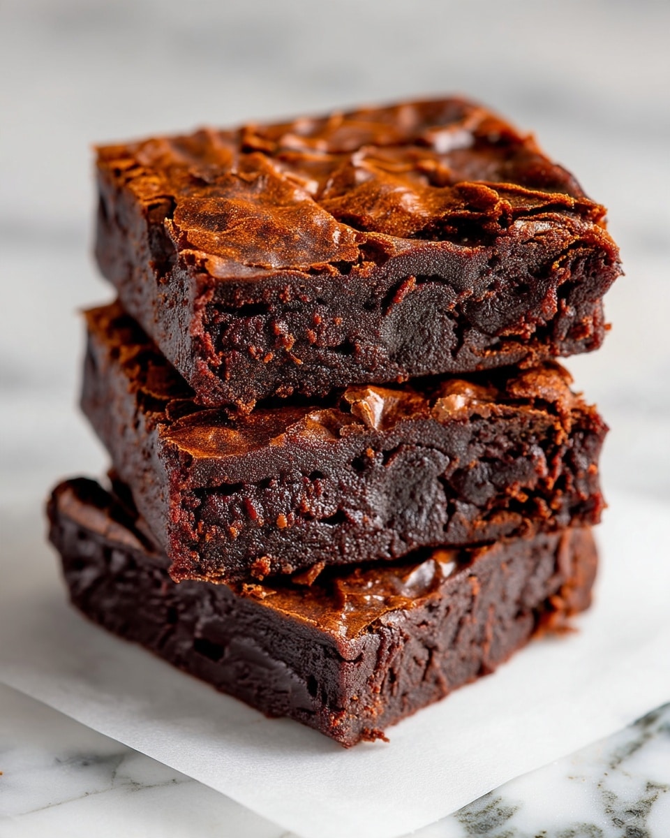 A square batch of rich, dark brown brownies is divided into nine smaller square pieces, with one piece pulled slightly away from the rest, showing a dense and moist texture inside. The top layer has a shiny, slightly cracked crust with a wrinkled pattern. The brownies sit directly on a white marbled surface, with small crumbs scattered around. Photo taken with an iphone --ar 4:5 --v 7